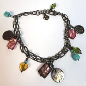 Brighton Charm Bracelet Multicolor Beaded Double Strand Silver Tone Heart Tag